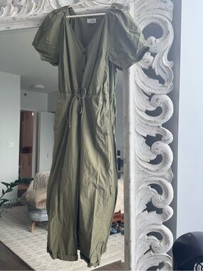 Velvet Olive Green V-Neck Jumpsuit